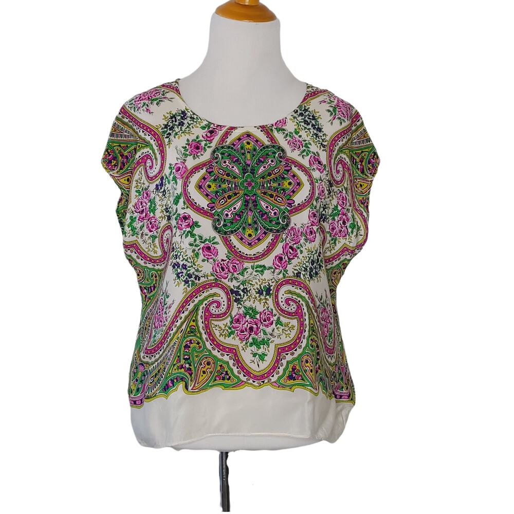 Anthropologie Maeve Komal Silk Blouse Split Back Hi Low Hem Paisley Women 0